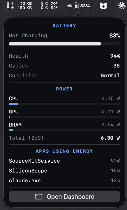 Battery — health, cycles, power draw
