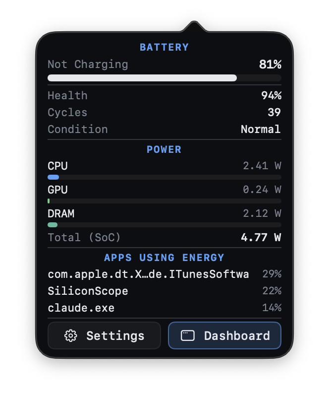 Battery — health, cycles, power draw