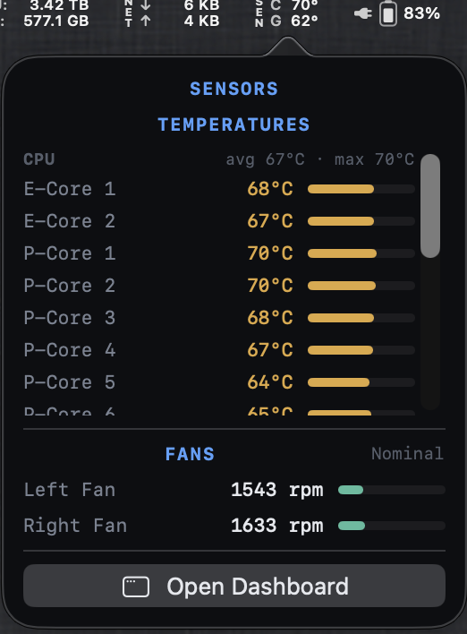 Sensors — per-unit temperatures & fans